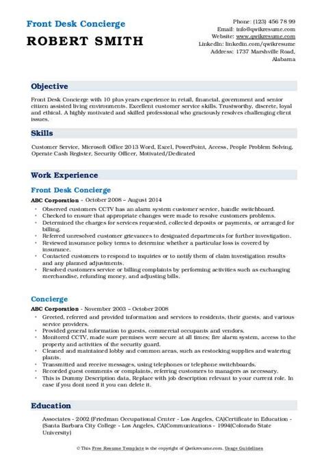 concierge resume|concierge resume description.